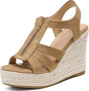 Womens Front Zipper Espadrille Wedge Sandals Dressy, High Heel Platform Sandals Open Toe Slingback, Comfy Sexy Summer Wedges Sandals