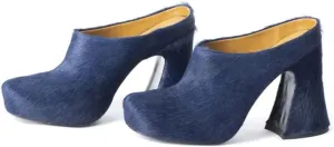 Women's Fuzzy Faux Fur Heeles Mules Fluffy Long Hair Slippers Closed Toe Block Heel Slides Outdoor Slip on Fur Pumps