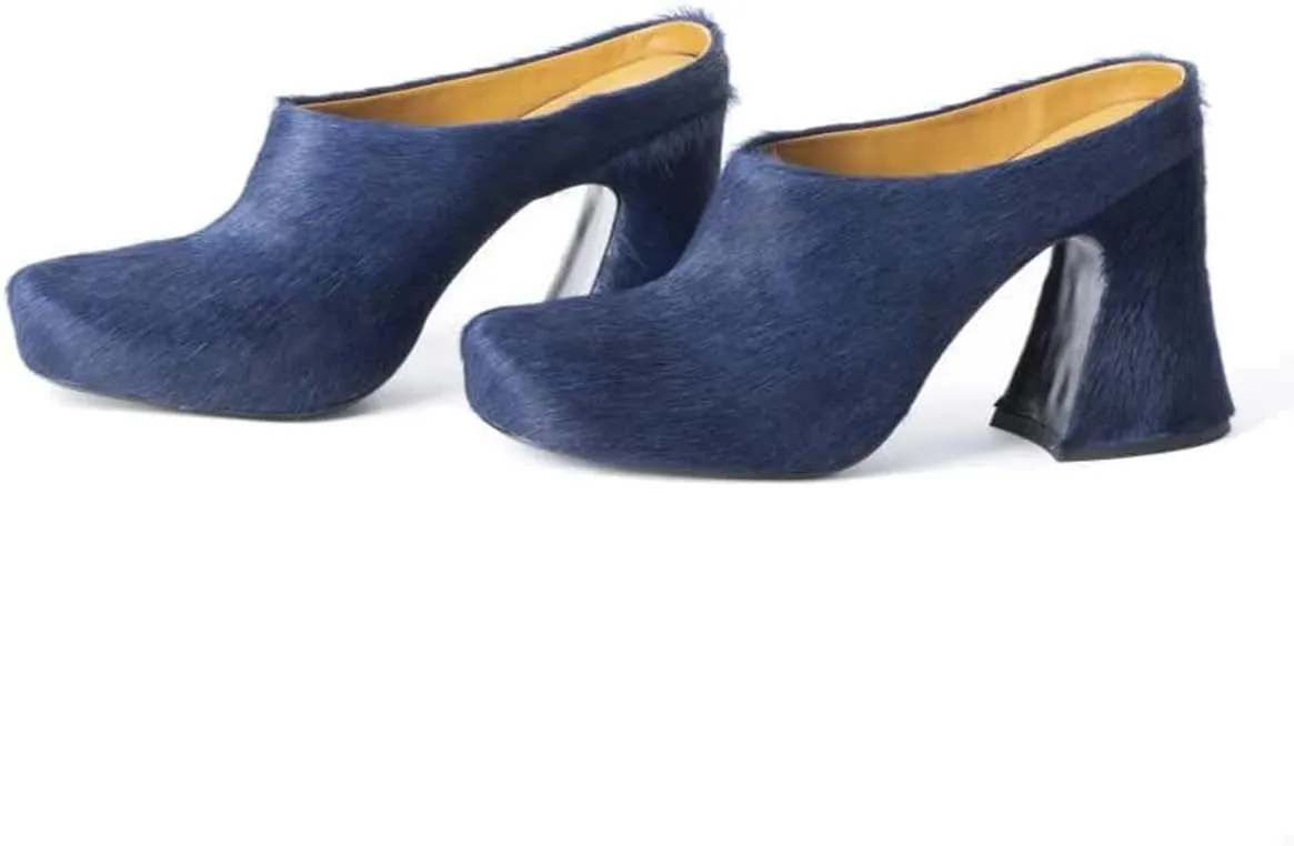 Women's Fuzzy Faux Fur Heeles Mules Fluffy Long Hair Slippers Closed Toe Block Heel Slides Outdoor Slip on Fur Pumps