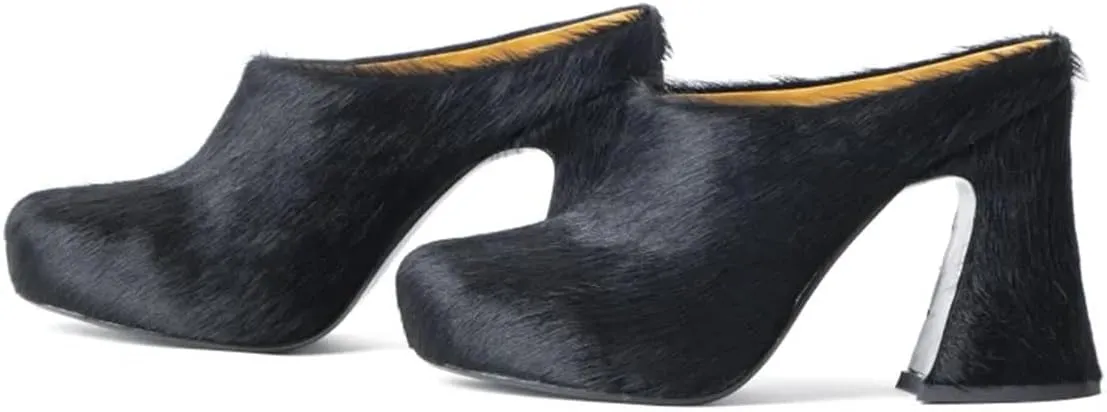 Women's Fuzzy Faux Fur Heeles Mules Fluffy Long Hair Slippers Closed Toe Block Heel Slides Outdoor Slip on Fur Pumps