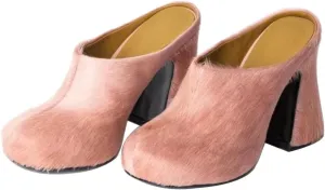 Women's Fuzzy Faux Fur Heeles Mules Fluffy Long Hair Slippers Closed Toe Block Heel Slides Outdoor Slip on Fur Pumps