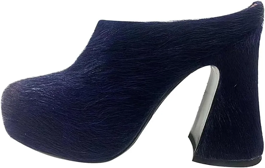 Women's Fuzzy Faux Fur Heeles Mules Fluffy Long Hair Slippers Closed Toe Block Heel Slides Outdoor Slip on Fur Pumps