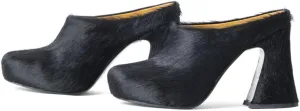Women's Fuzzy Faux Fur Heeles Mules Fluffy Long Hair Slippers Closed Toe Block Heel Slides Outdoor Slip on Fur Pumps