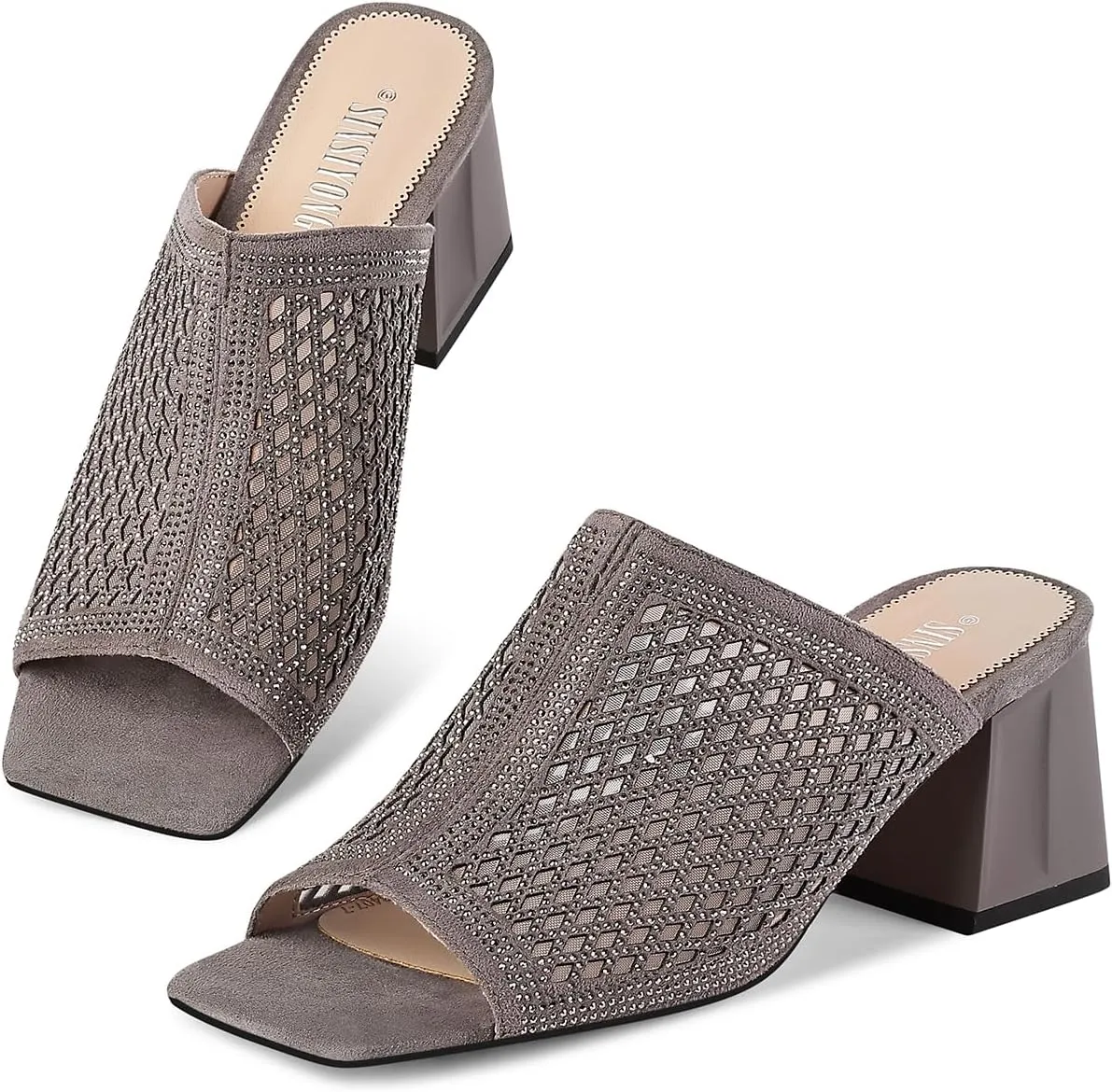 Women's Heeled Mules Open Toe Block Heel Sandals Comfortable Rhinestones Pumps