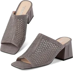 Women's Heeled Mules Open Toe Block Heel Sandals Comfortable Rhinestones Pumps