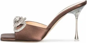 Women's Heeled Sandals Double Rhinestones Bow Satin Mules Square Open Toe Slip on Stilettos Clear Heels Wedding Party Dress Shoes