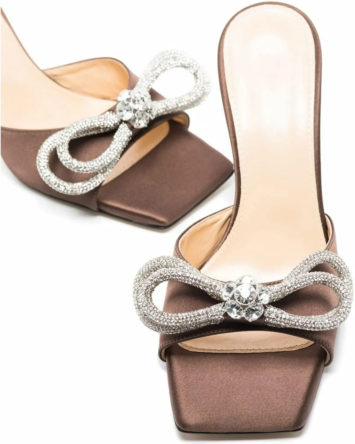 Women's Heeled Sandals Double Rhinestones Bow Satin Mules Square Open Toe Slip on Stilettos Clear Heels Wedding Party Dress Shoes