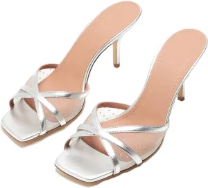 Women's High Heel Sandals Mesh Peep Square Toe Stiletto Mules Party Wedding Dress Crystal High Heels For Ladies
