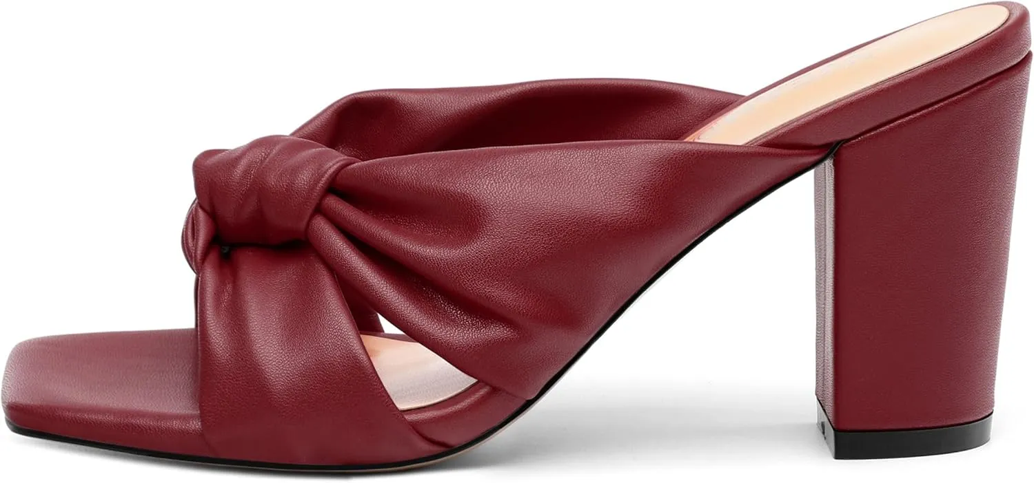 Women's High Heeled Square Toe Slip On Sandals, Puffy Knot Chunky Heel Open Toe Sandals for women, Summer Party Prom Shoes