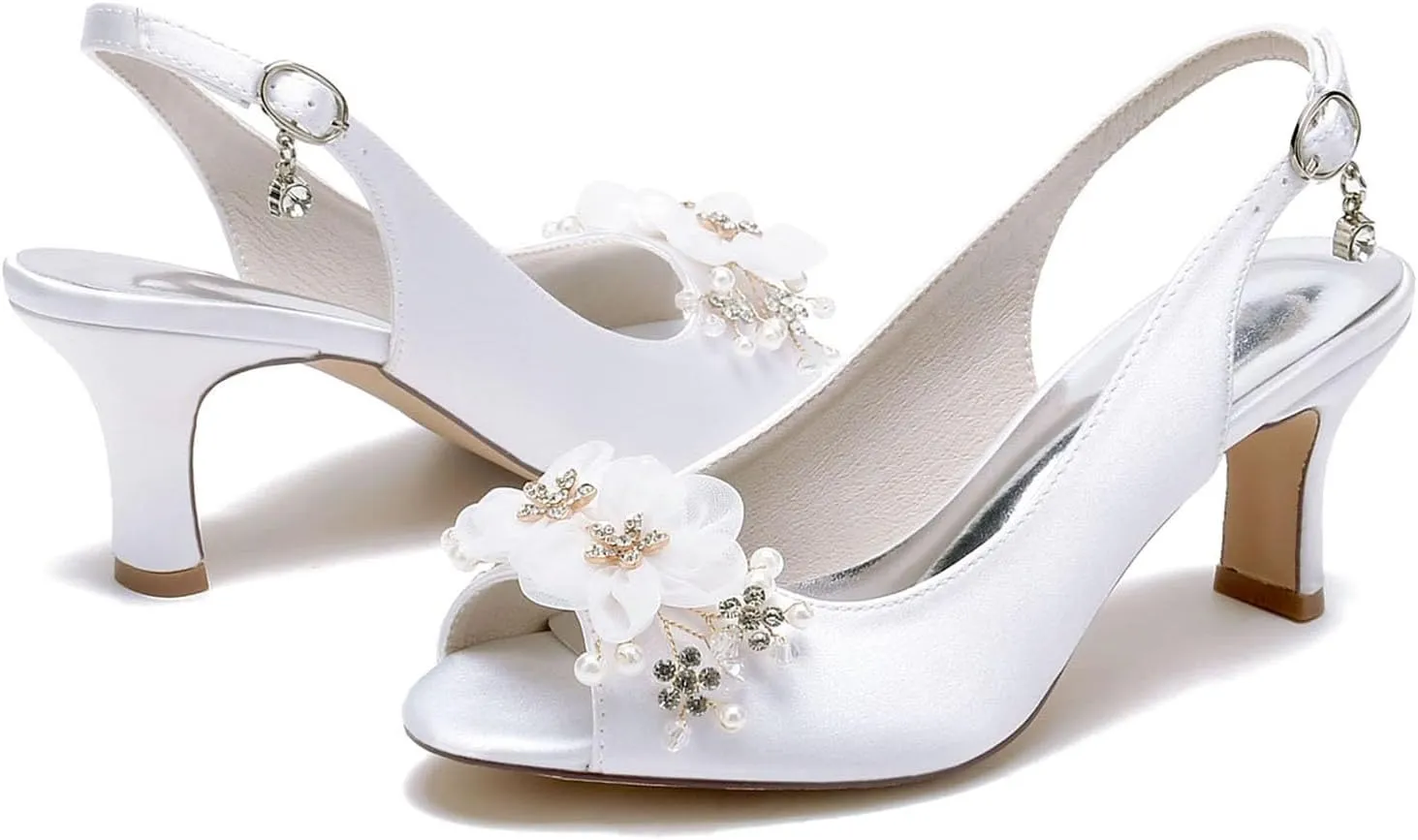 Womens High Heels Open Toe Slingback Pumps Shoes Ribbon Flower Satin Wedding Bridal Shoes Fish Mouth Heels Dress Sandals