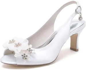 Womens High Heels Open Toe Slingback Pumps Shoes Ribbon Flower Satin Wedding Bridal Shoes Fish Mouth Heels Dress Sandals