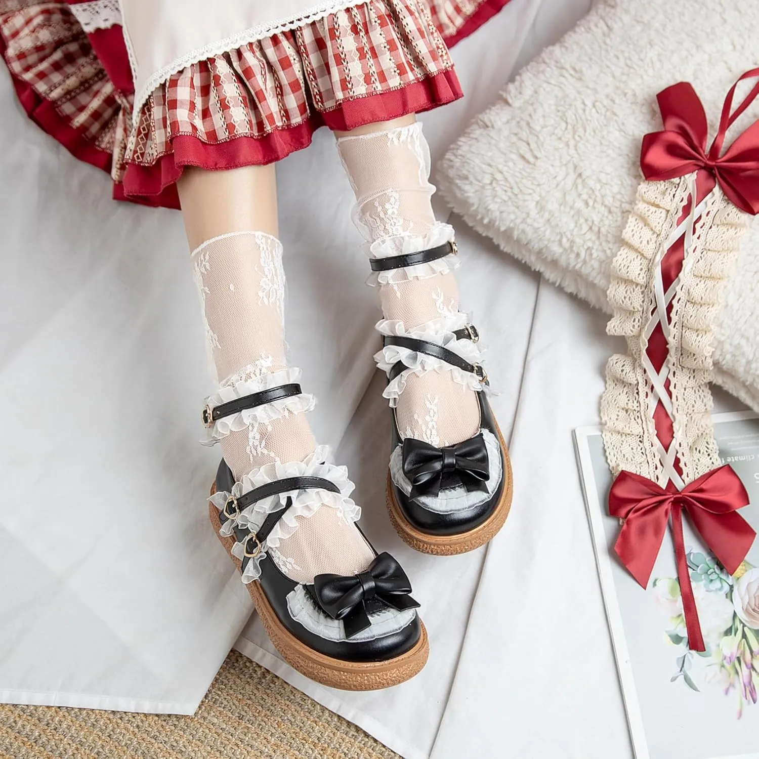 Women's Kawaii Mary Janes Flats, School Cute Mary Jane Shoes, Lolita Low Wedge Platform Heels Pump