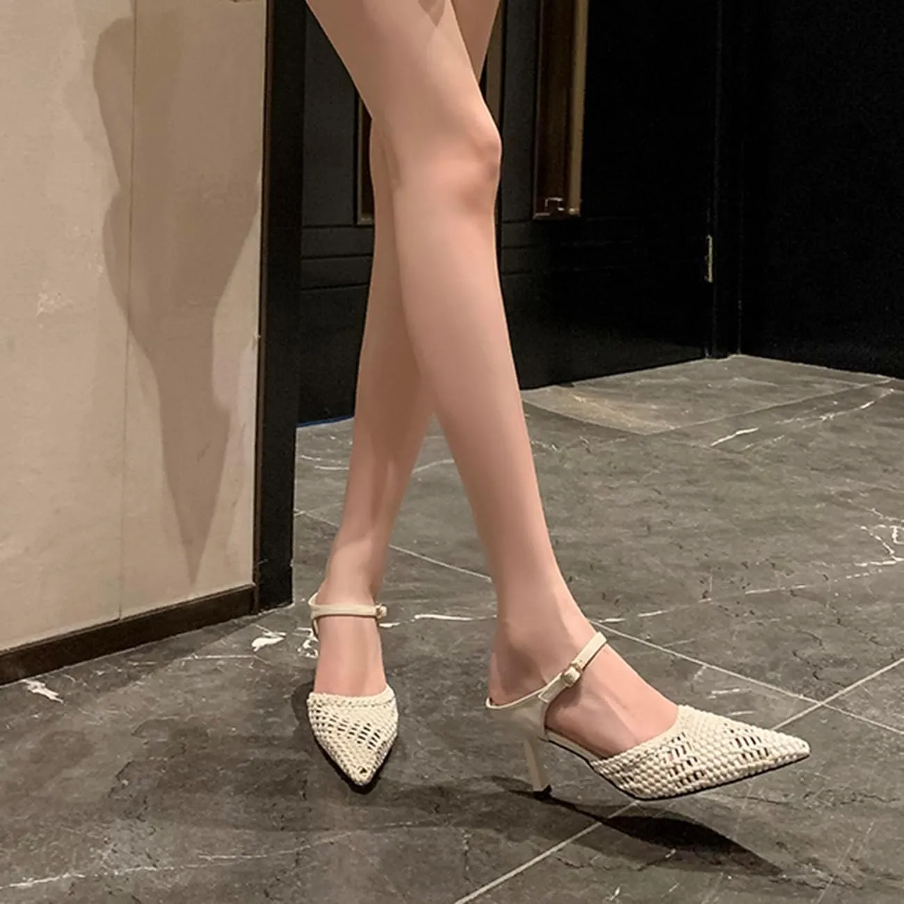 Womens Kitten Heel Woven Mules Fishnet Pointed Close Toe