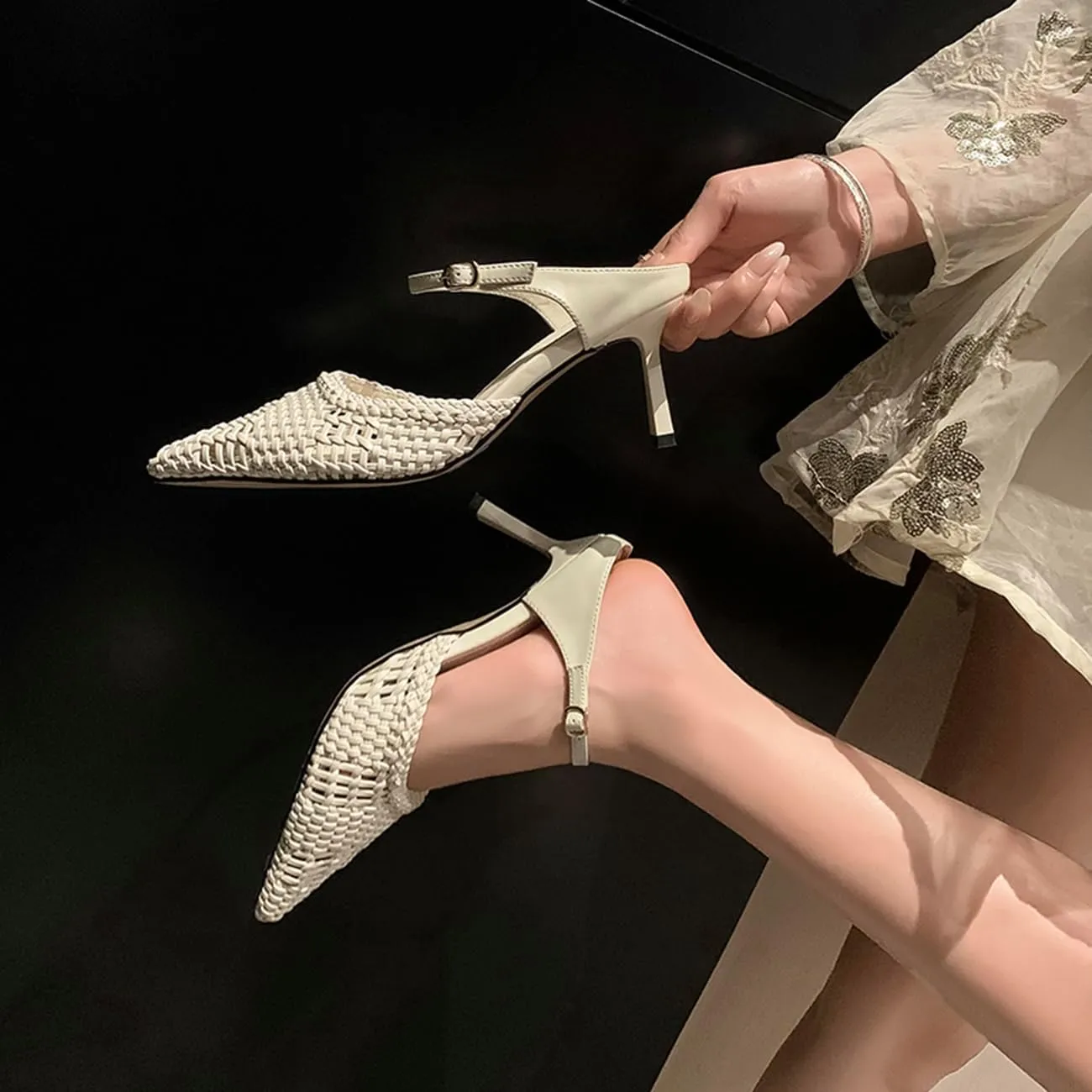 Womens Kitten Heel Woven Mules Fishnet Pointed Close Toe