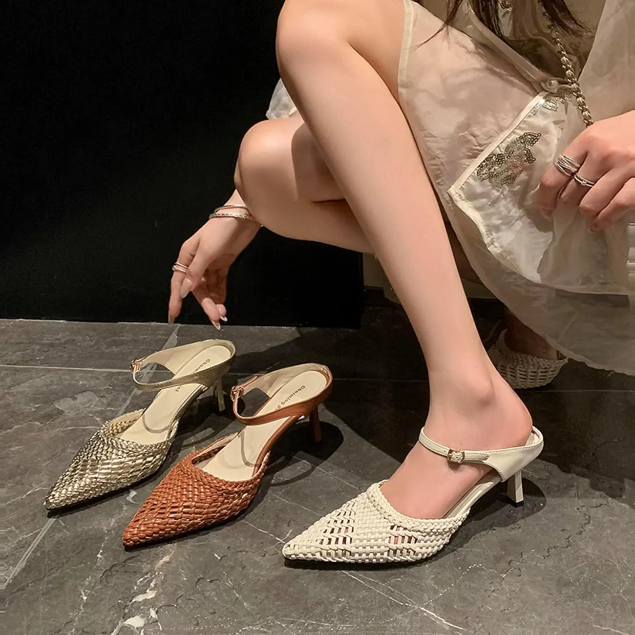 Womens Kitten Heel Woven Mules Fishnet Pointed Close Toe