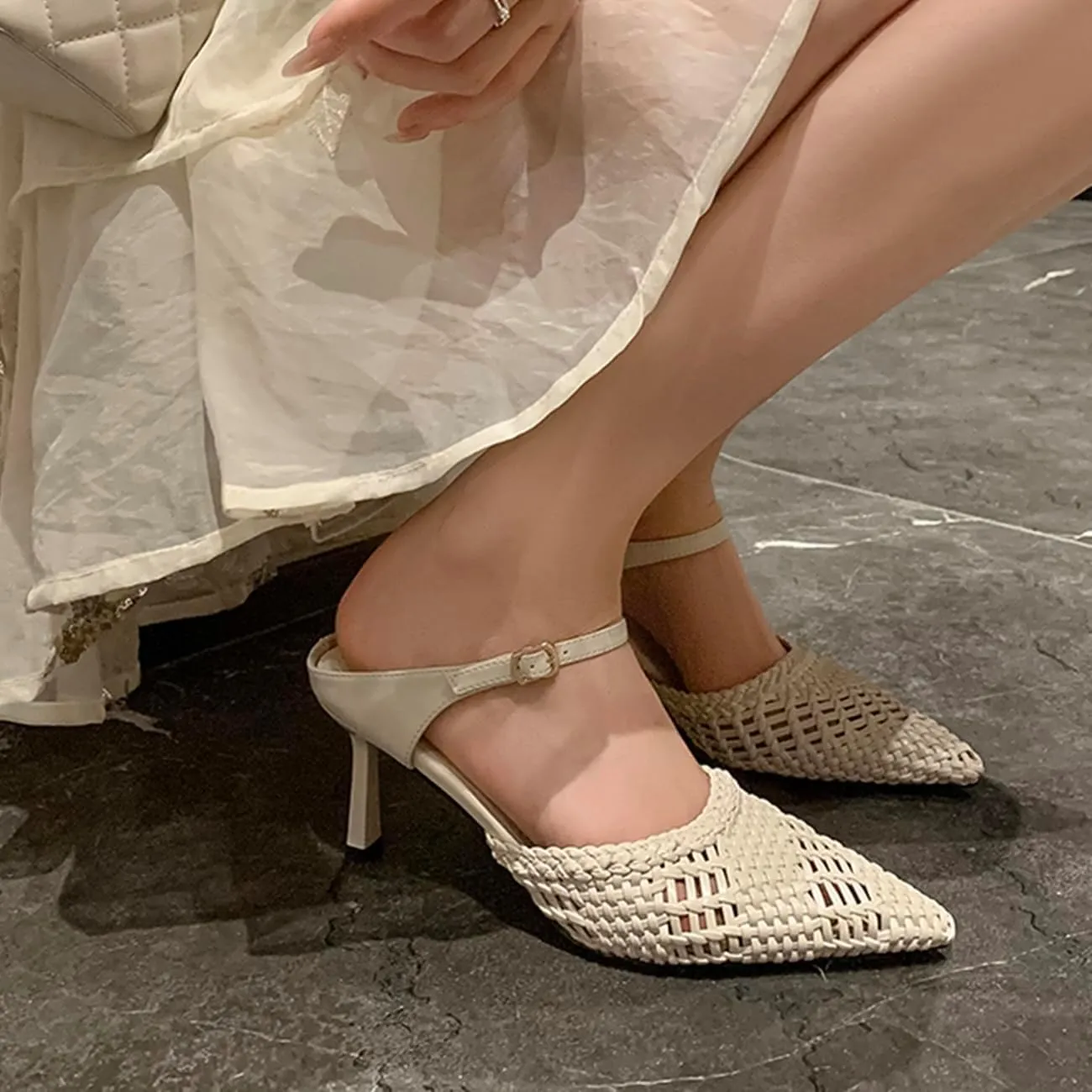 Womens Kitten Heel Woven Mules Fishnet Pointed Close Toe