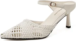 Womens Kitten Heel Woven Mules Fishnet Pointed Close Toe