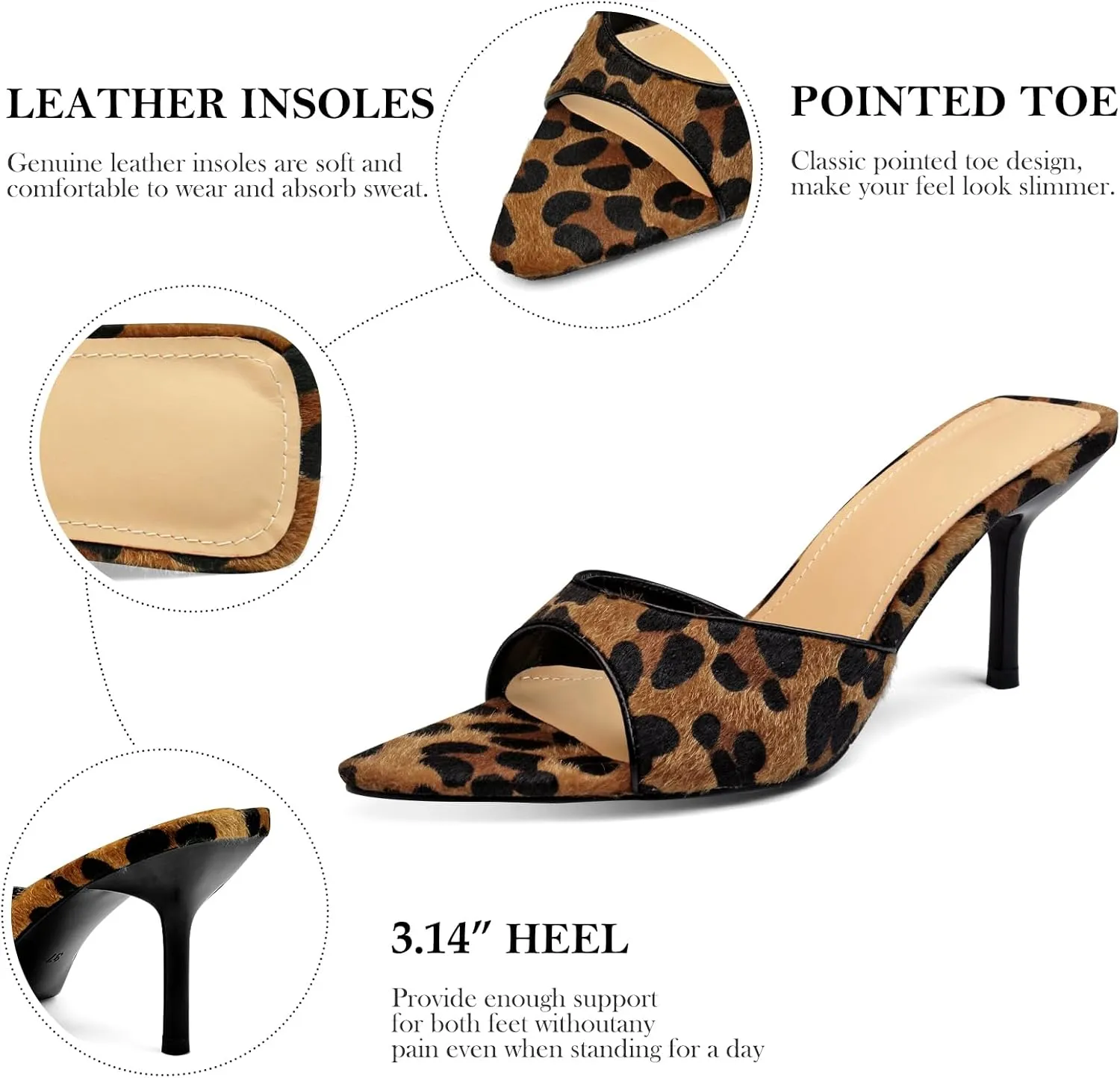 Women’s Kitten Heeled Mules Sandals Pointed Open Toe Pumps Shoes Slip on Wedding Prom Dress Leather Slippers