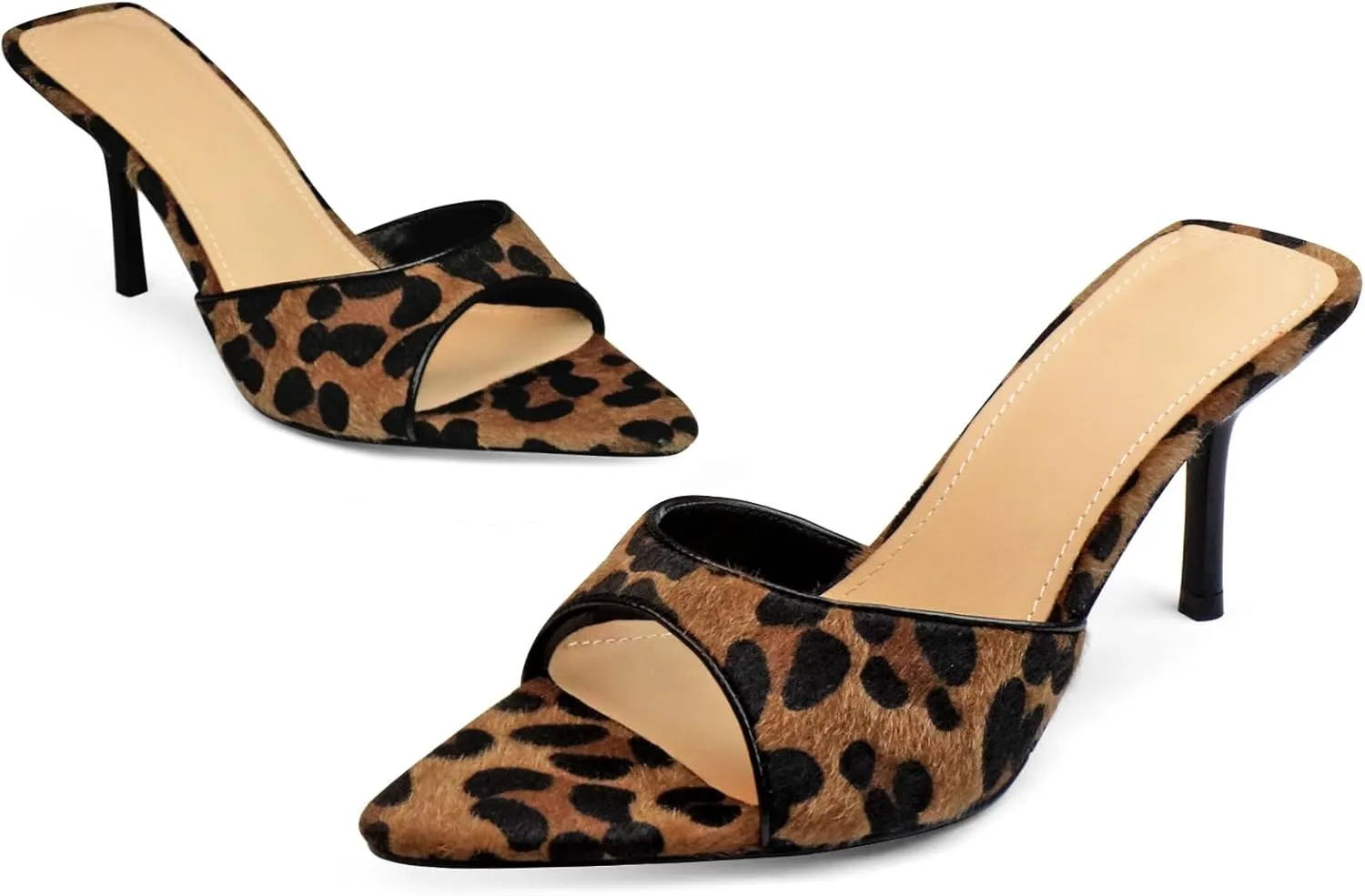 Women’s Kitten Heeled Mules Sandals Pointed Open Toe Pumps Shoes Slip on Wedding Prom Dress Leather Slippers