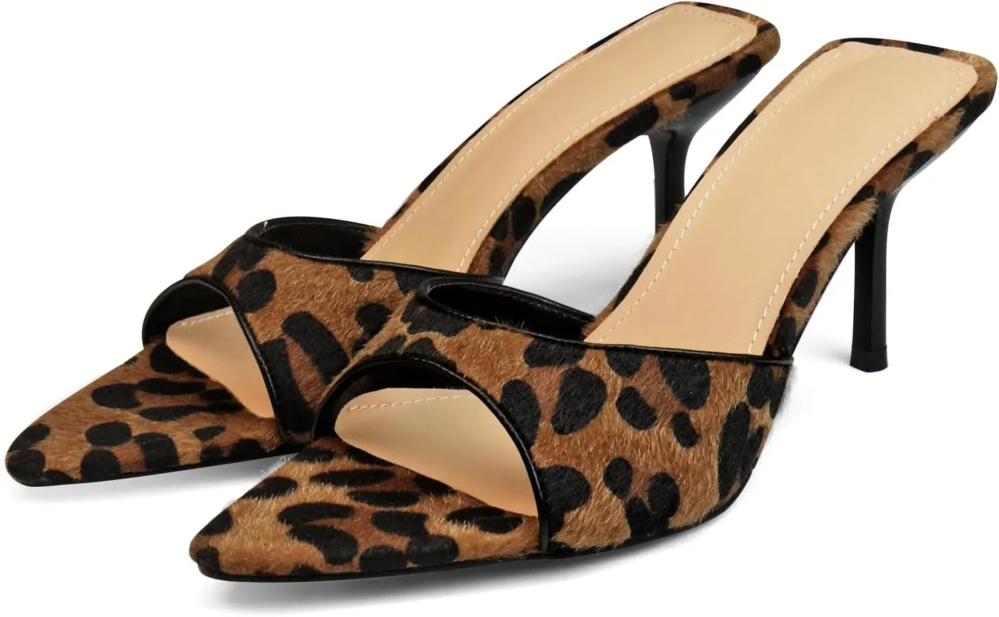 Women’s Kitten Heeled Mules Sandals Pointed Open Toe Pumps Shoes Slip on Wedding Prom Dress Leather Slippers