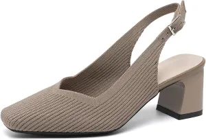 Women's Knit Slingback Heels Pumps with Adjust Ankle Strap Fashion Breathable Closed Square Toe Chunky Heel Mules Sandals Work Office Wedding Dressy Shoes