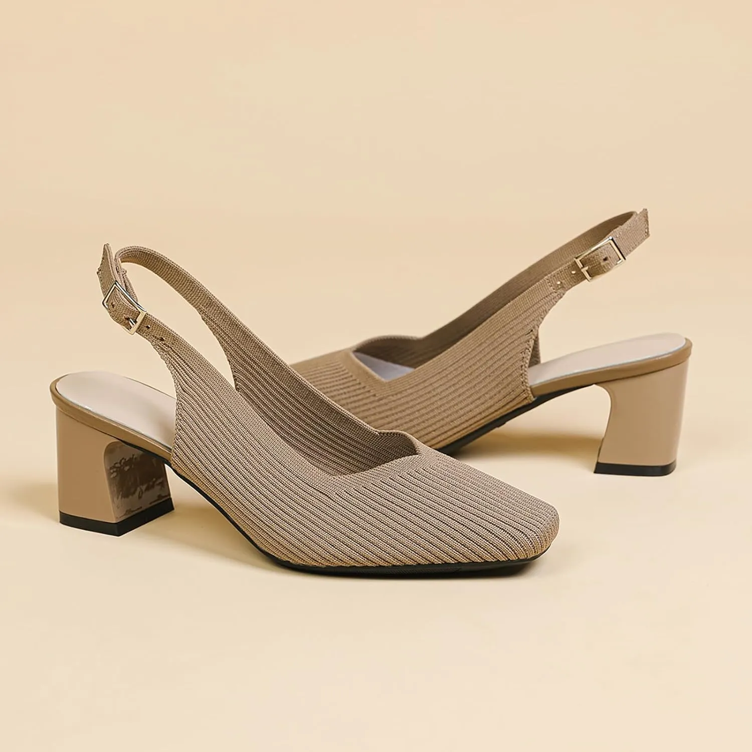 Women's Knit Slingback Heels Pumps with Adjust Ankle Strap Fashion Breathable Closed Square Toe Chunky Heel Mules Sandals Work Office Wedding Dressy Shoes