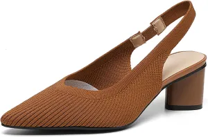 Women's Knitted Pointed Toe Slingback Heels Pumps,Comfortable Elastic Band Chunky Heel Sandals Low Heel Slip On Casual Work Office Dress Shoes