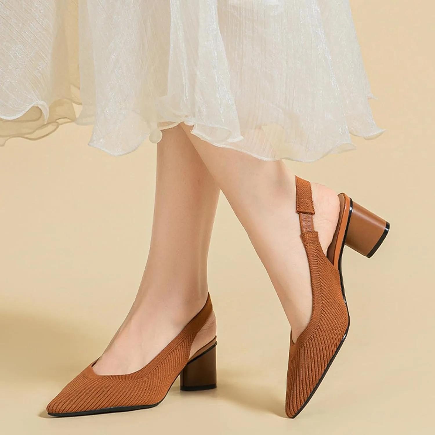Women's Knitted Pointed Toe Slingback Heels Pumps,Comfortable Elastic Band Chunky Heel Sandals Low Heel Slip On Casual Work Office Dress Shoes
