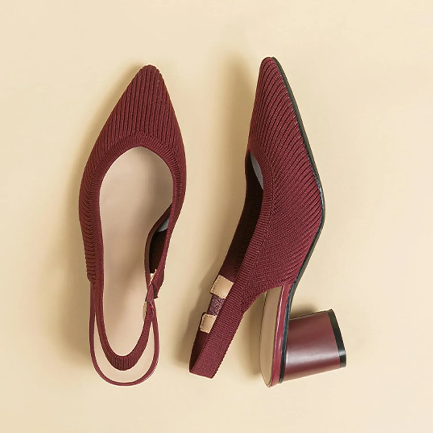 Women's Knitted Pointed Toe Slingback Heels Pumps,Comfortable Elastic Band Chunky Heel Sandals Low Heel Slip On Casual Work Office Dress Shoes