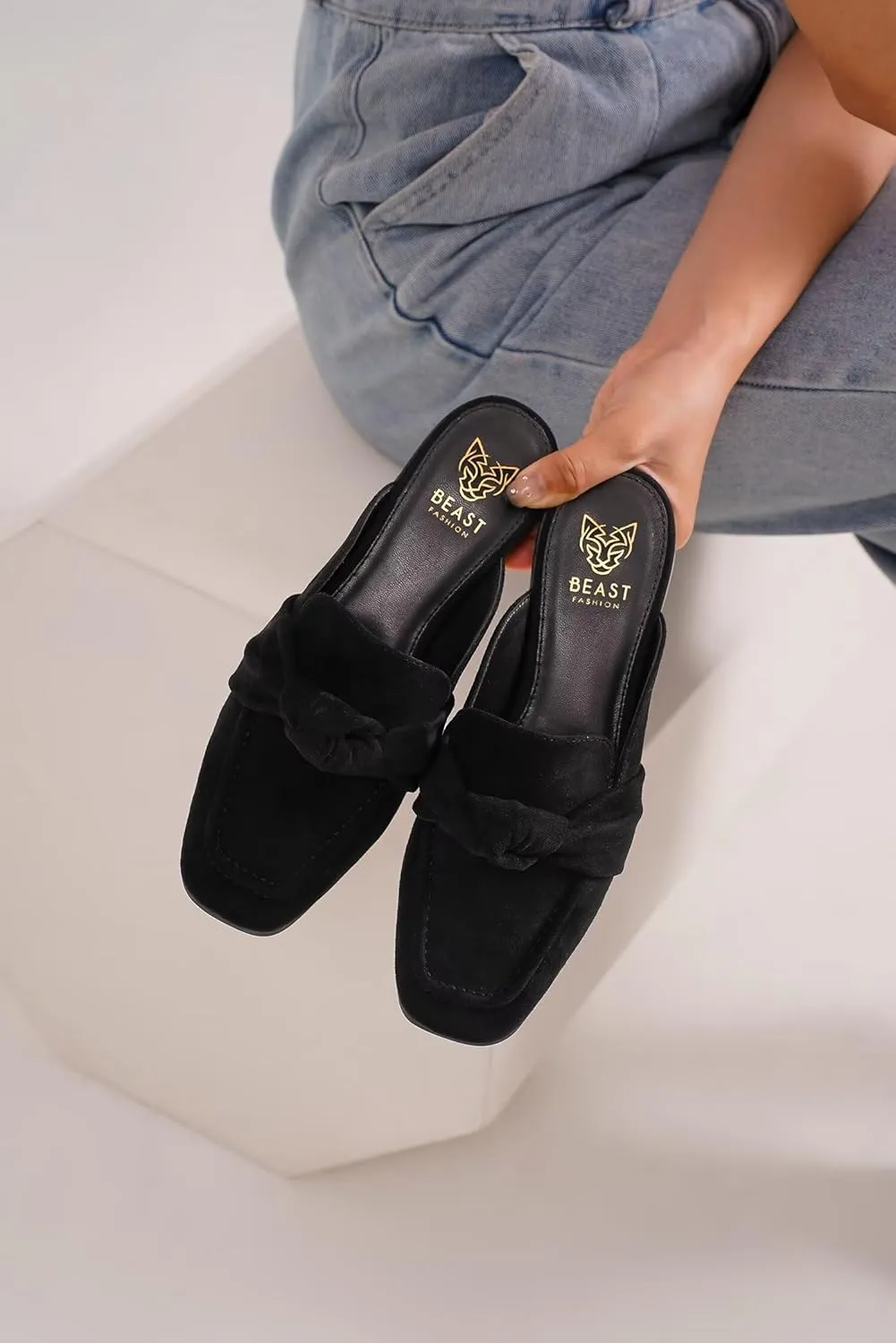 Women's Knot Mules Suede Loafers Mules Flat Mules Comfort Pointed Toe Backless Slip on Slides Loafer Shoes
