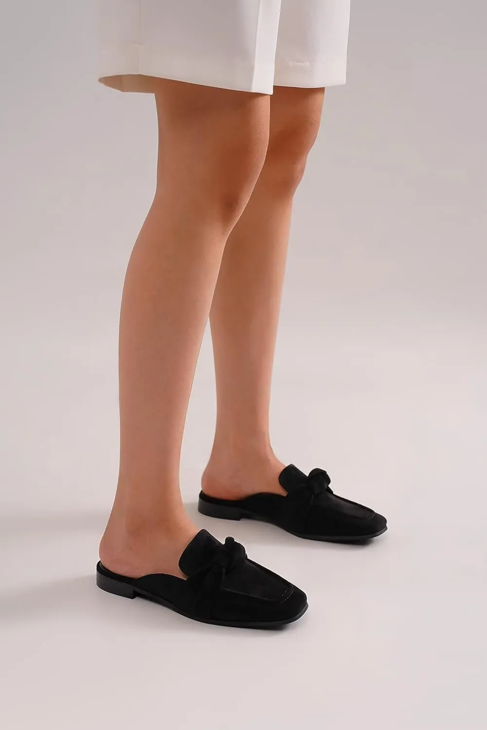 Women's Knot Mules Suede Loafers Mules Flat Mules Comfort Pointed Toe Backless Slip on Slides Loafer Shoes