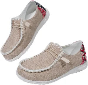 Womens Lace-Up Canvas Lightweight Boat Shoes Casual Comfortable Slip on Knit Loafers Outdoor Walking Low Top Wide Deck Shoes