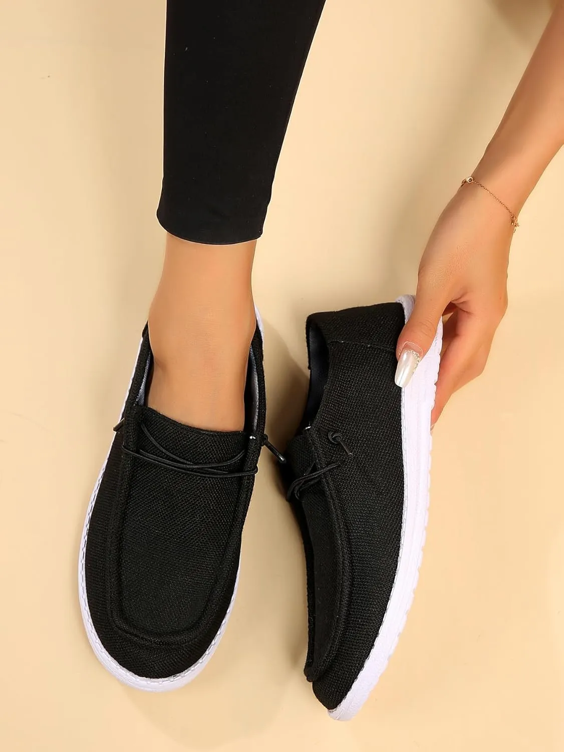 Womens Lace-Up Canvas Lightweight Boat Shoes Casual Comfortable Slip on Knit Loafers Outdoor Walking Low Top Wide Deck Shoes