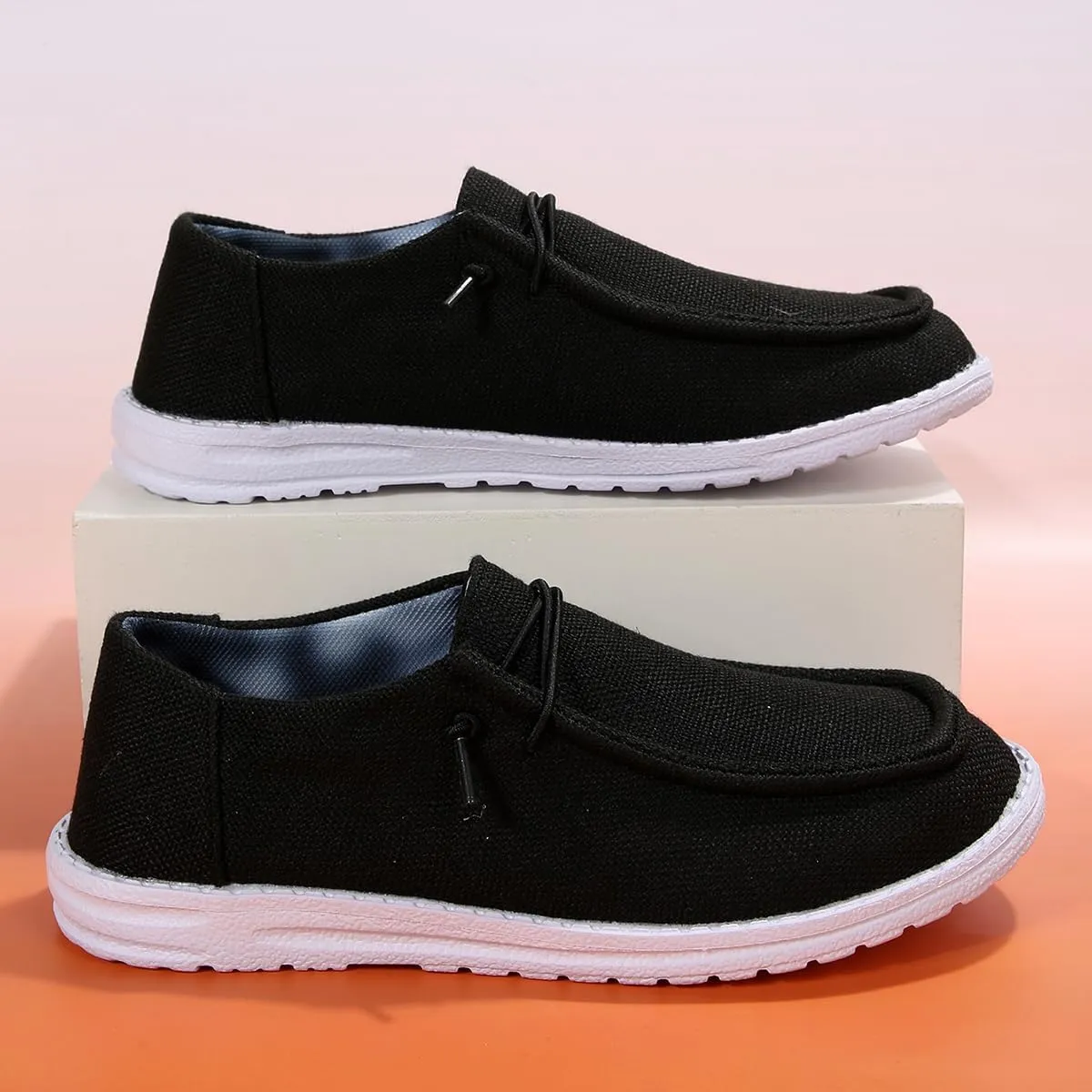 Womens Lace-Up Canvas Lightweight Boat Shoes Casual Comfortable Slip on Knit Loafers Outdoor Walking Low Top Wide Deck Shoes