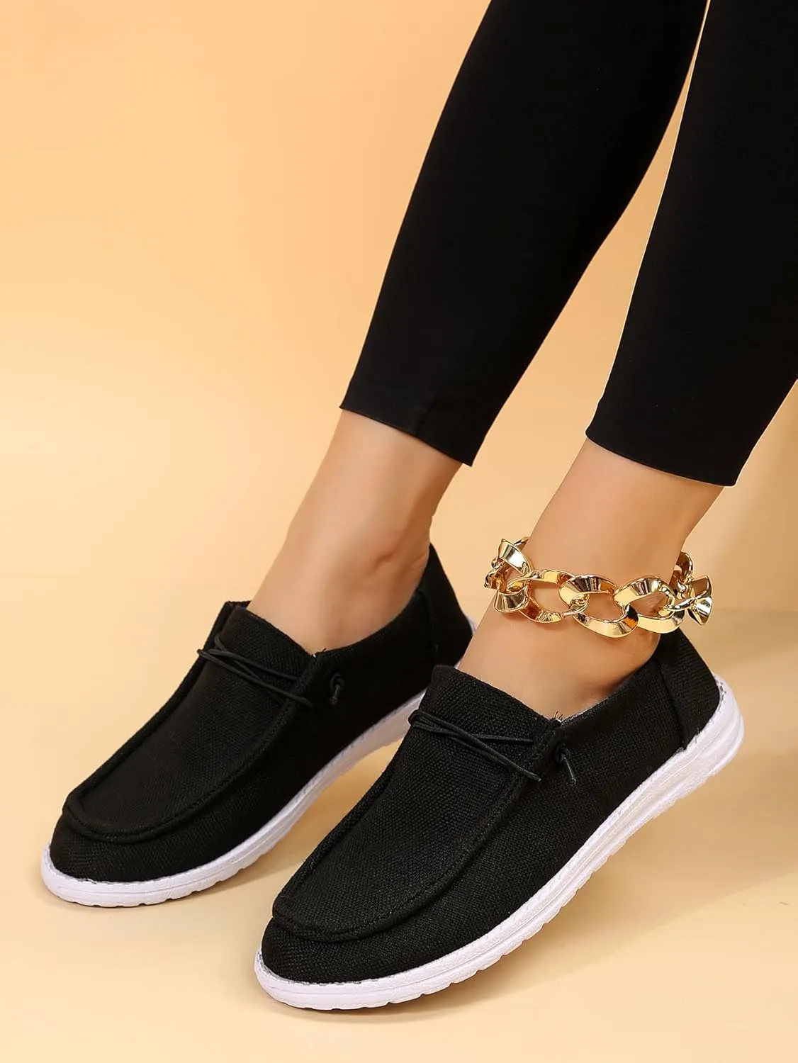 Womens Lace-Up Canvas Lightweight Boat Shoes Casual Comfortable Slip on Knit Loafers Outdoor Walking Low Top Wide Deck Shoes