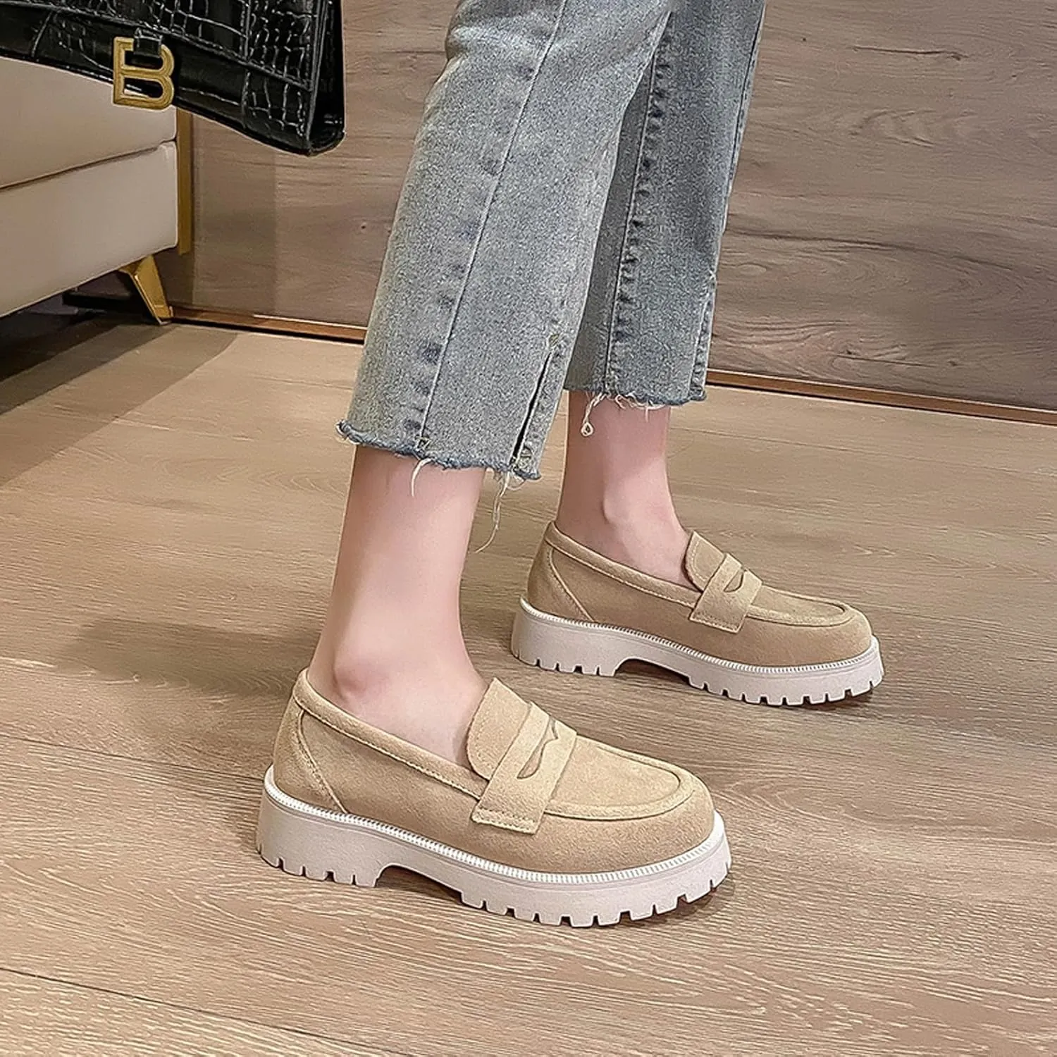 Women's Leather Lug Sole Penny Loafers Classic Round Toe Comfort Slip On Uniform Dress Shoes Casual Fashion Chunky Heel Work Shoes