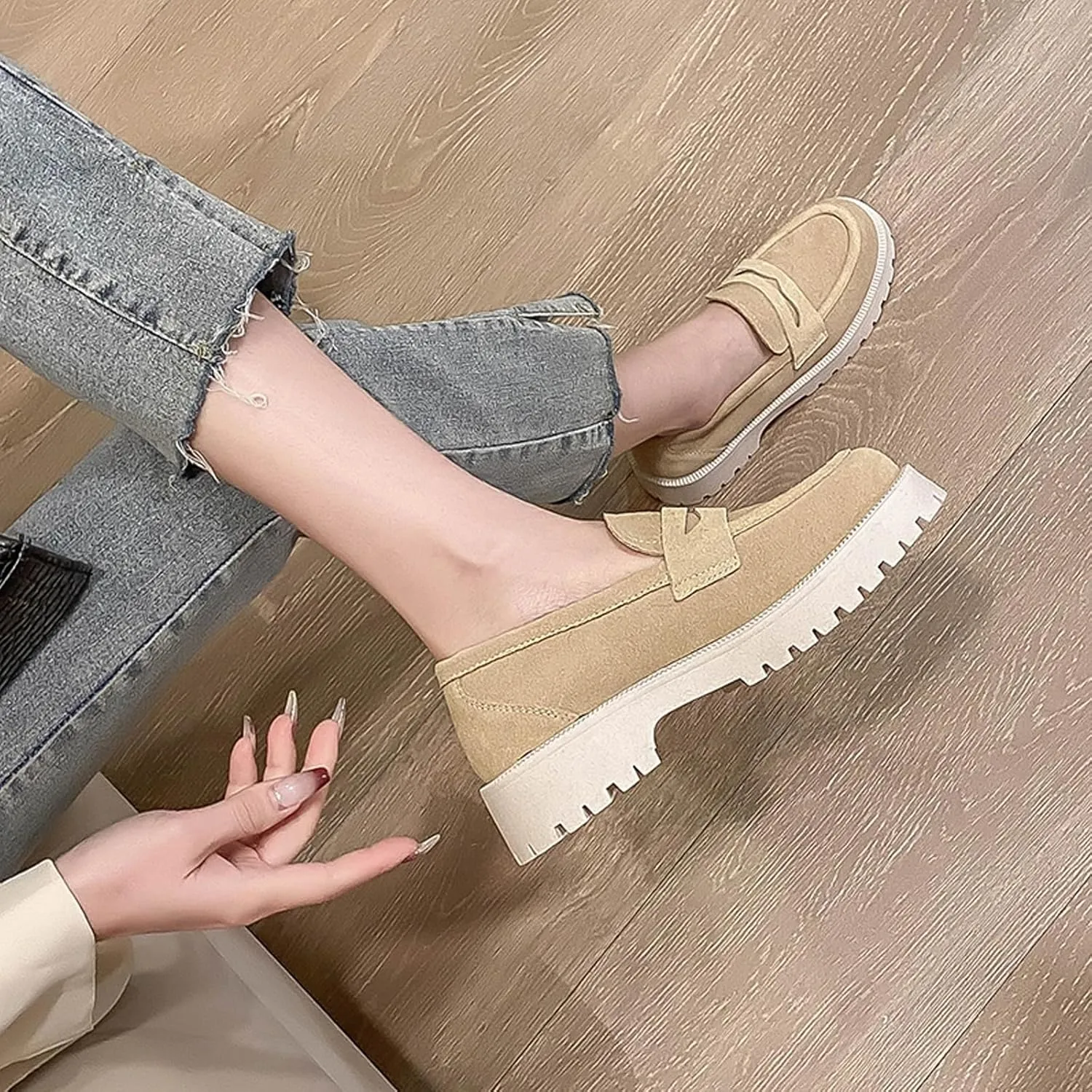 Women's Leather Lug Sole Penny Loafers Classic Round Toe Comfort Slip On Uniform Dress Shoes Casual Fashion Chunky Heel Work Shoes