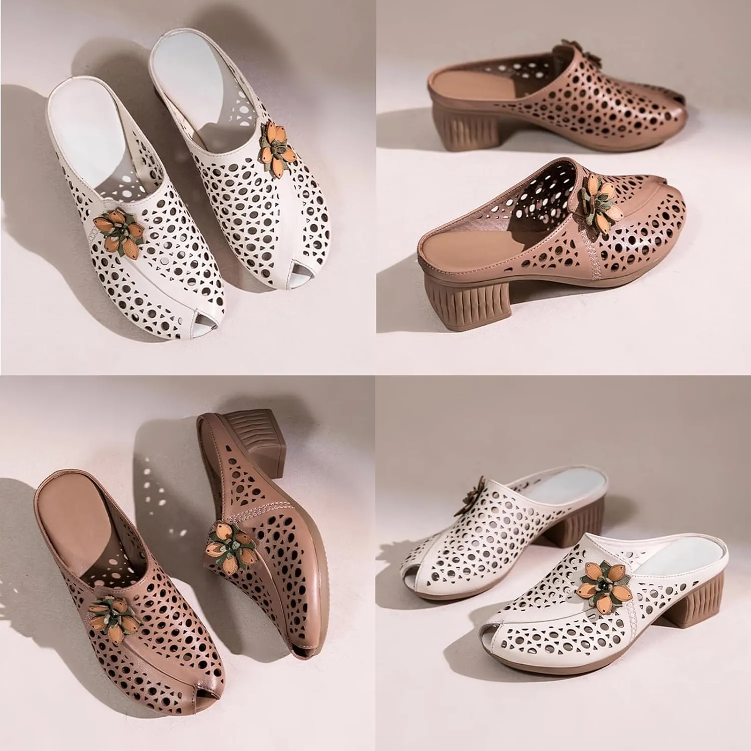 Women's Leather Peep-Toe Mules,Summer Vintage Flower Comfort Hollow Chunky Block Heel Slides Casual Dress Sandals