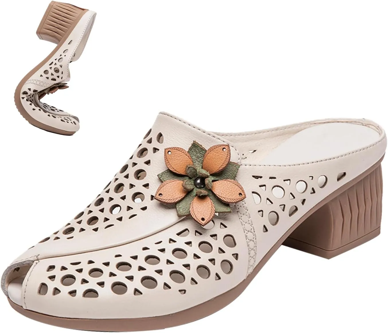 Women's Leather Peep-Toe Mules,Summer Vintage Flower Comfort Hollow Chunky Block Heel Slides Casual Dress Sandals