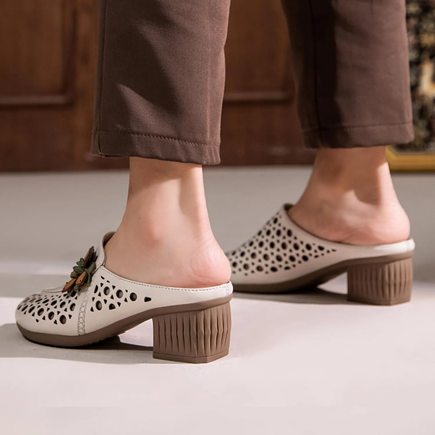 Women's Leather Peep-Toe Mules,Summer Vintage Flower Comfort Hollow Chunky Block Heel Slides Casual Dress Sandals