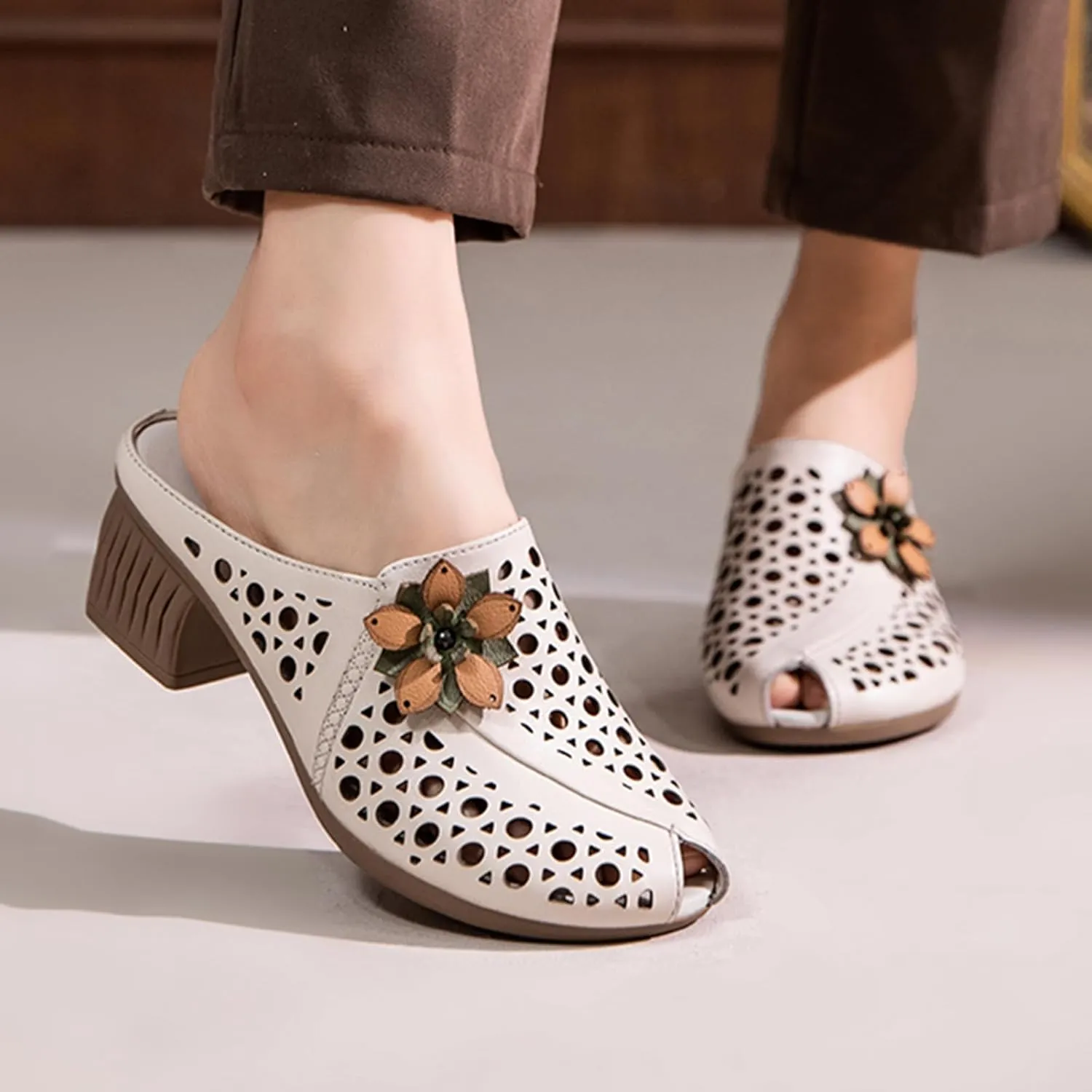 Women's Leather Peep-Toe Mules,Summer Vintage Flower Comfort Hollow Chunky Block Heel Slides Casual Dress Sandals