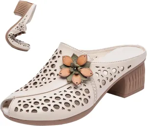 Women's Leather Peep-Toe Mules,Summer Vintage Flower Comfort Hollow Chunky Block Heel Slides Casual Dress Sandals