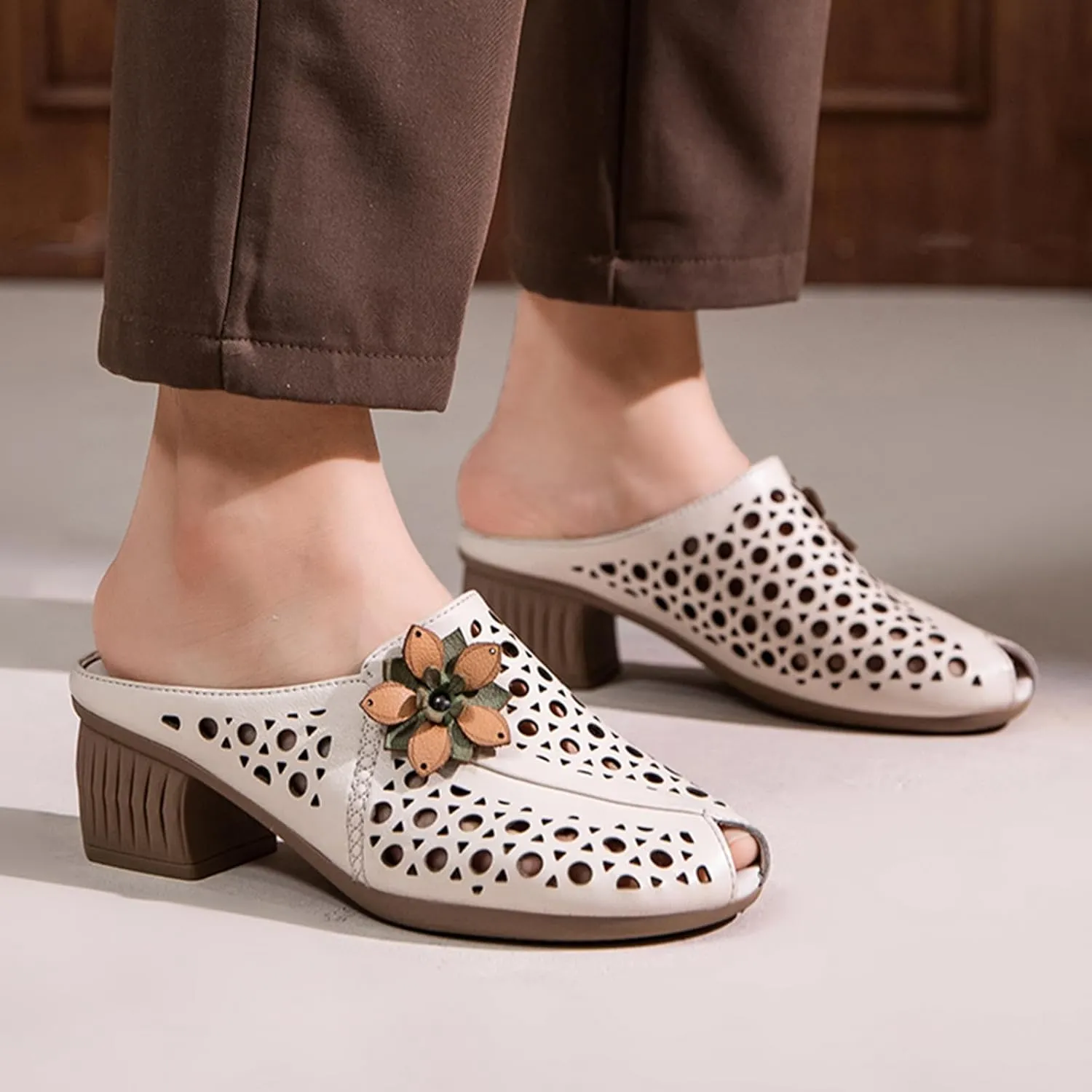 Women's Leather Peep-Toe Mules,Summer Vintage Flower Comfort Hollow Chunky Block Heel Slides Casual Dress Sandals