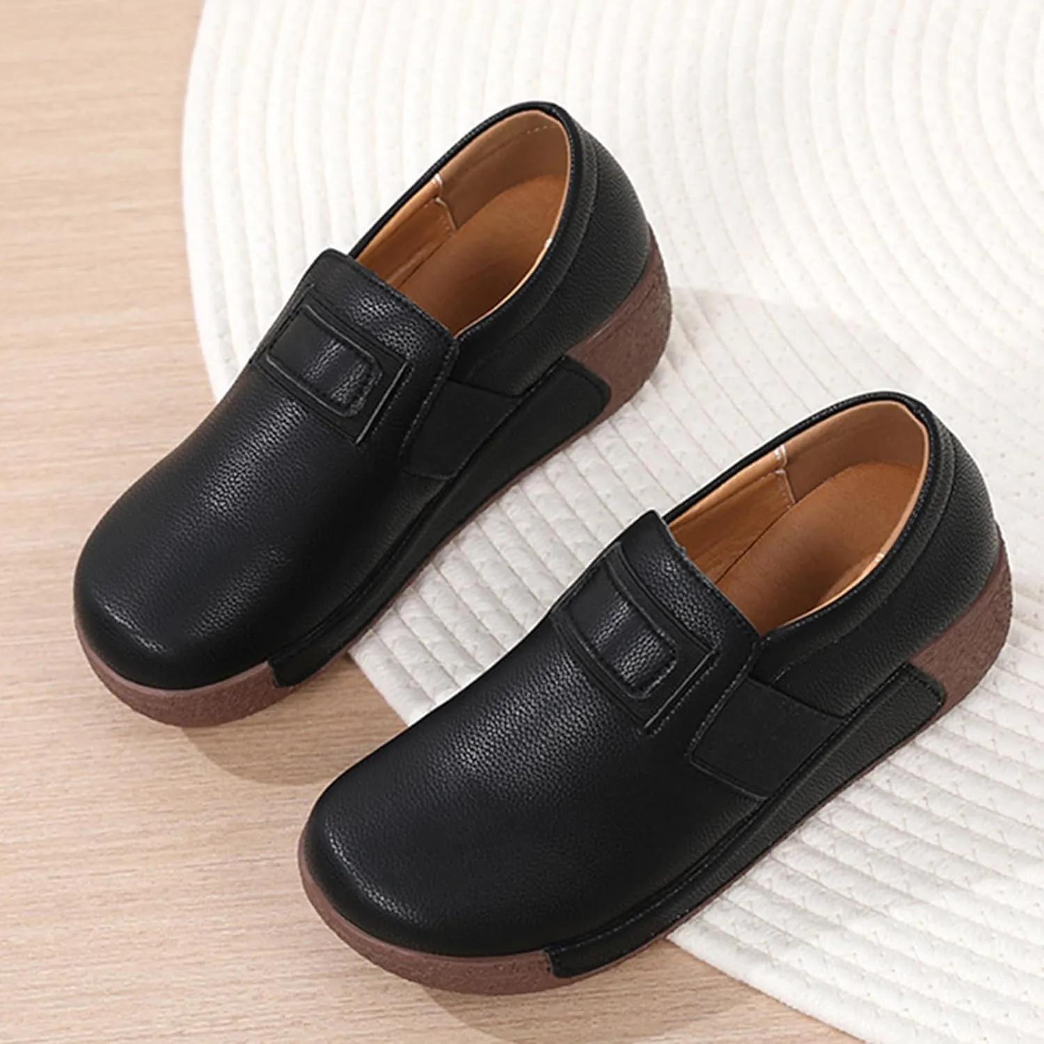 Women's Leather Platform Slip-On Loafers Comfortable Casual Wedge Heel Non-Slip Walking Shoes Work Nurse Shoes