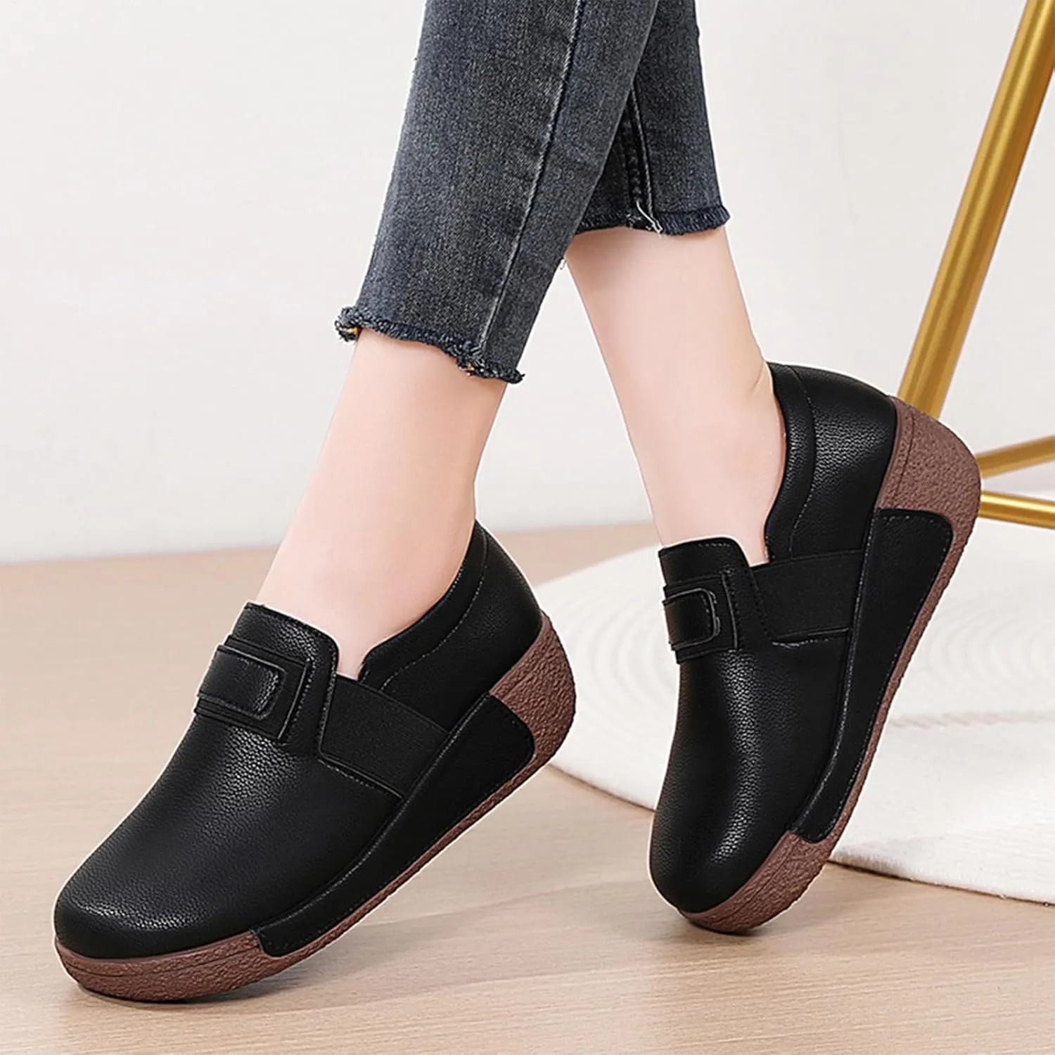 Women's Leather Platform Slip-On Loafers Comfortable Casual Wedge Heel Non-Slip Walking Shoes Work Nurse Shoes