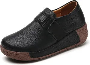 Women's Leather Platform Slip-On Loafers Comfortable Casual Wedge Heel Non-Slip Walking Shoes Work Nurse Shoes