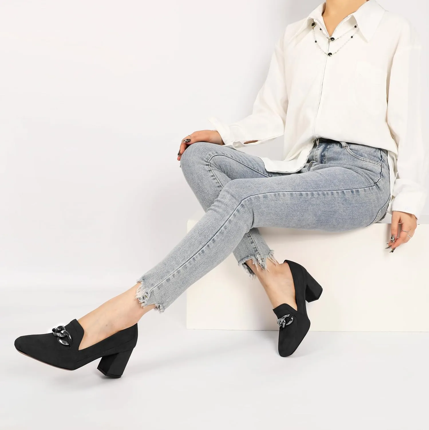 Women's Low Heel Pumps Loafers with Metal Buckle Square Toe Pumps Chunky Heeled Pump Stylish Comfortable 2.5 Inch Loafers Heels