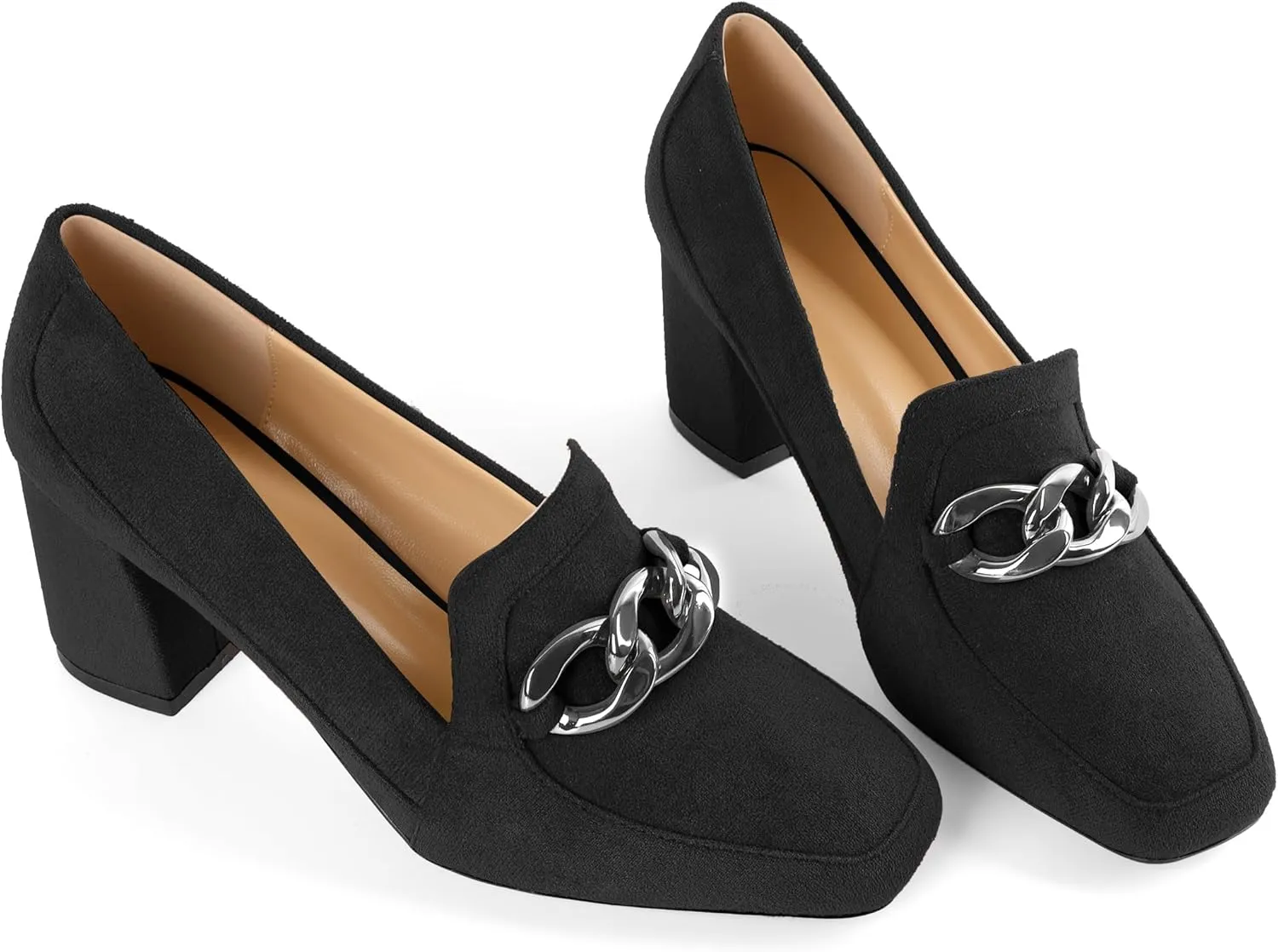 Women's Low Heel Pumps Loafers with Metal Buckle Square Toe Pumps Chunky Heeled Pump Stylish Comfortable 2.5 Inch Loafers Heels