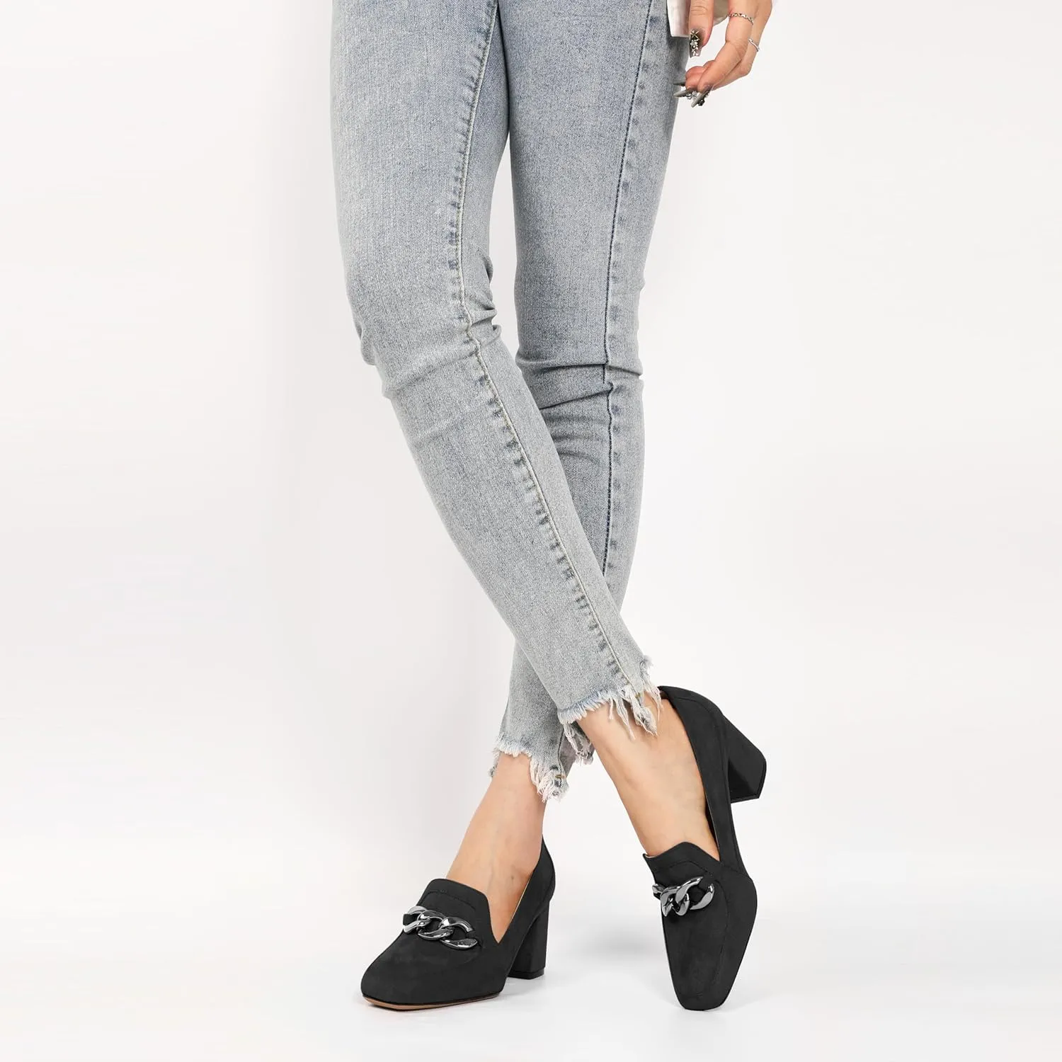 Women's Low Heel Pumps Loafers with Metal Buckle Square Toe Pumps Chunky Heeled Pump Stylish Comfortable 2.5 Inch Loafers Heels