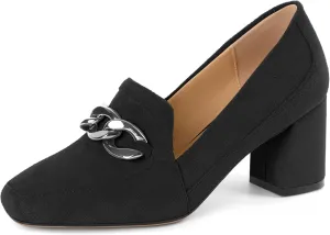 Women's Low Heel Pumps Loafers with Metal Buckle Square Toe Pumps Chunky Heeled Pump Stylish Comfortable 2.5 Inch Loafers Heels